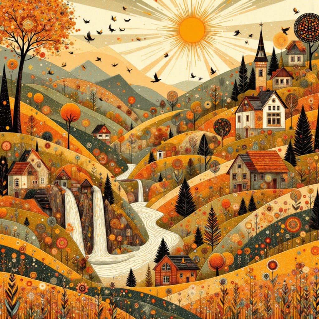 Marigold in Lush Summer Landscape with Waterfalls