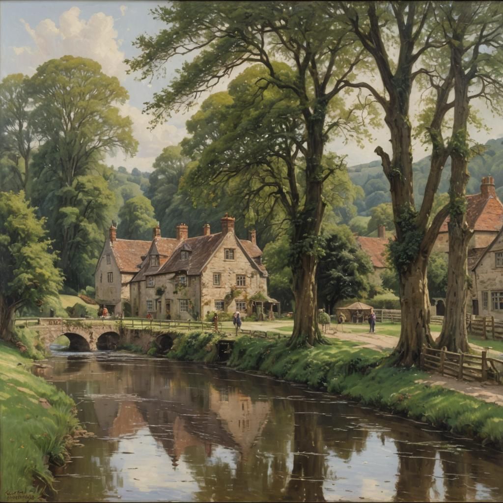 Riverside Inn in English Countryside as Oil Painting