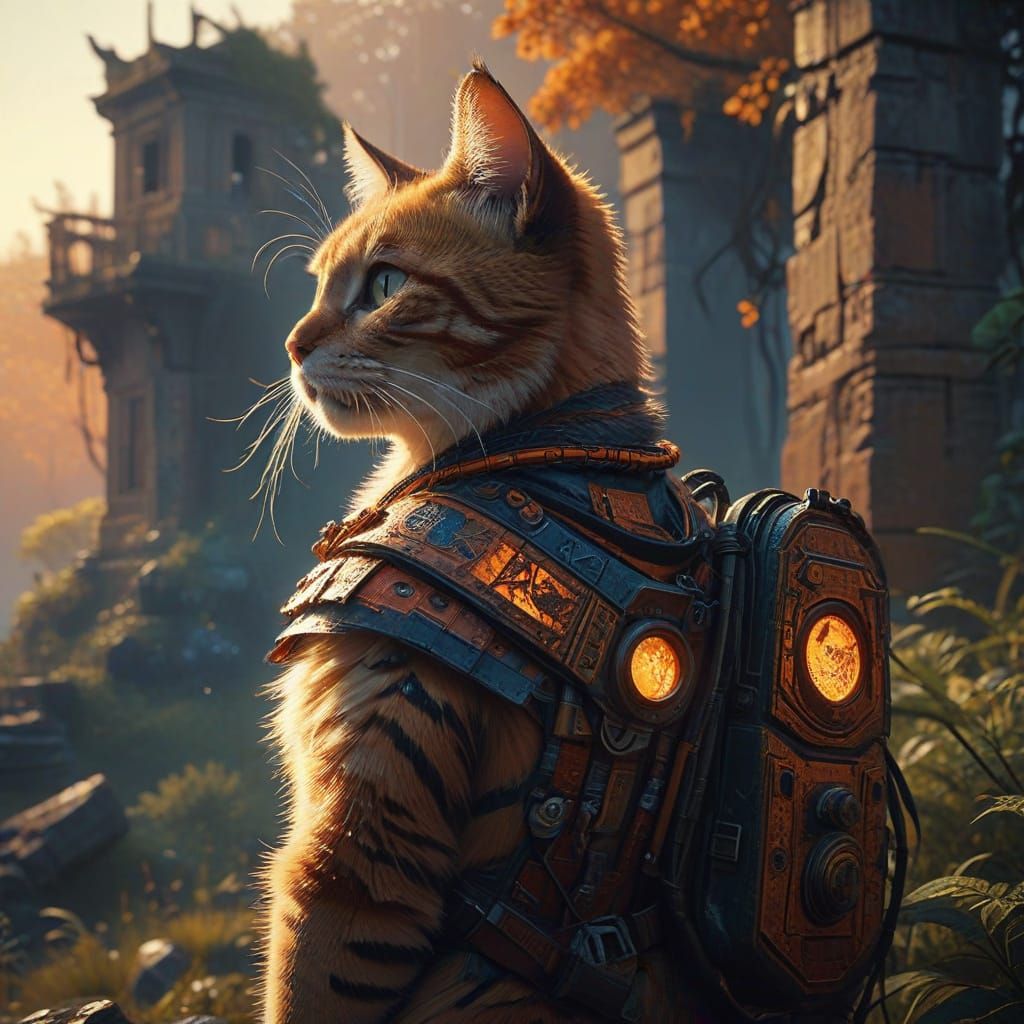 Confident Adventurer and Majestic Feline Companion in Vibran...