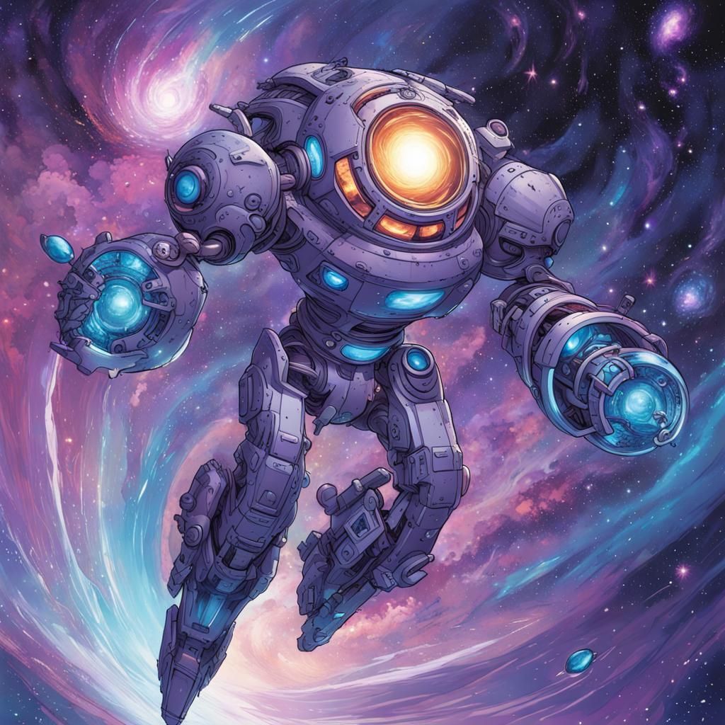 Robot Sam in Space with Galaxy Portals as Comic Art