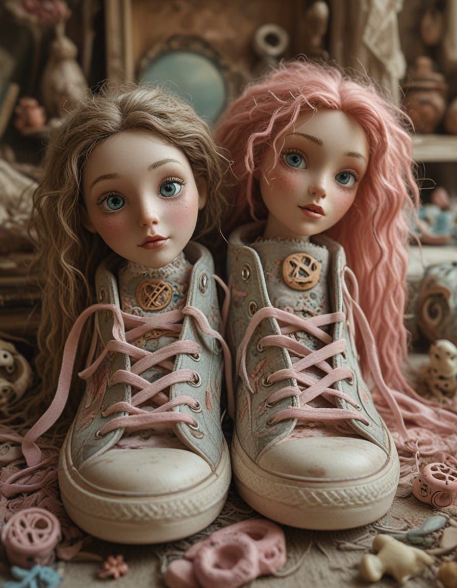 Psychedelic Sneakers with Faces Among Vintage Toys