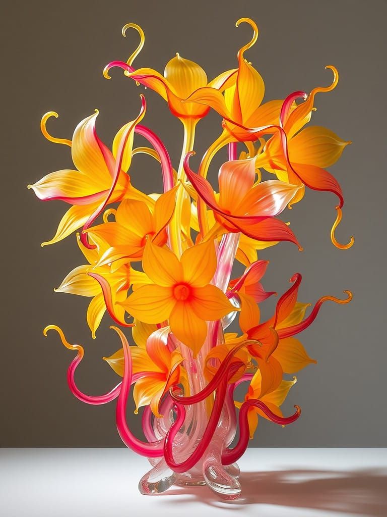 Vibrant Glass Sculpture in Dance of Yellow and Pink Hues