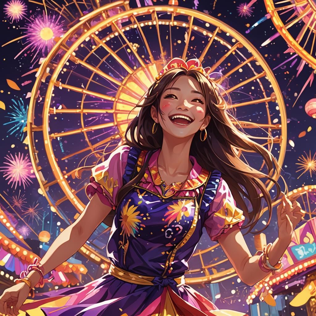 Anime Woman Spins Glowing Carnival Wheel