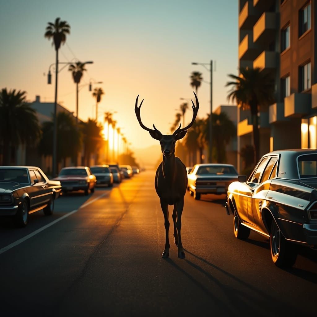 Deer in Empty 80s LA Street at Dawn
