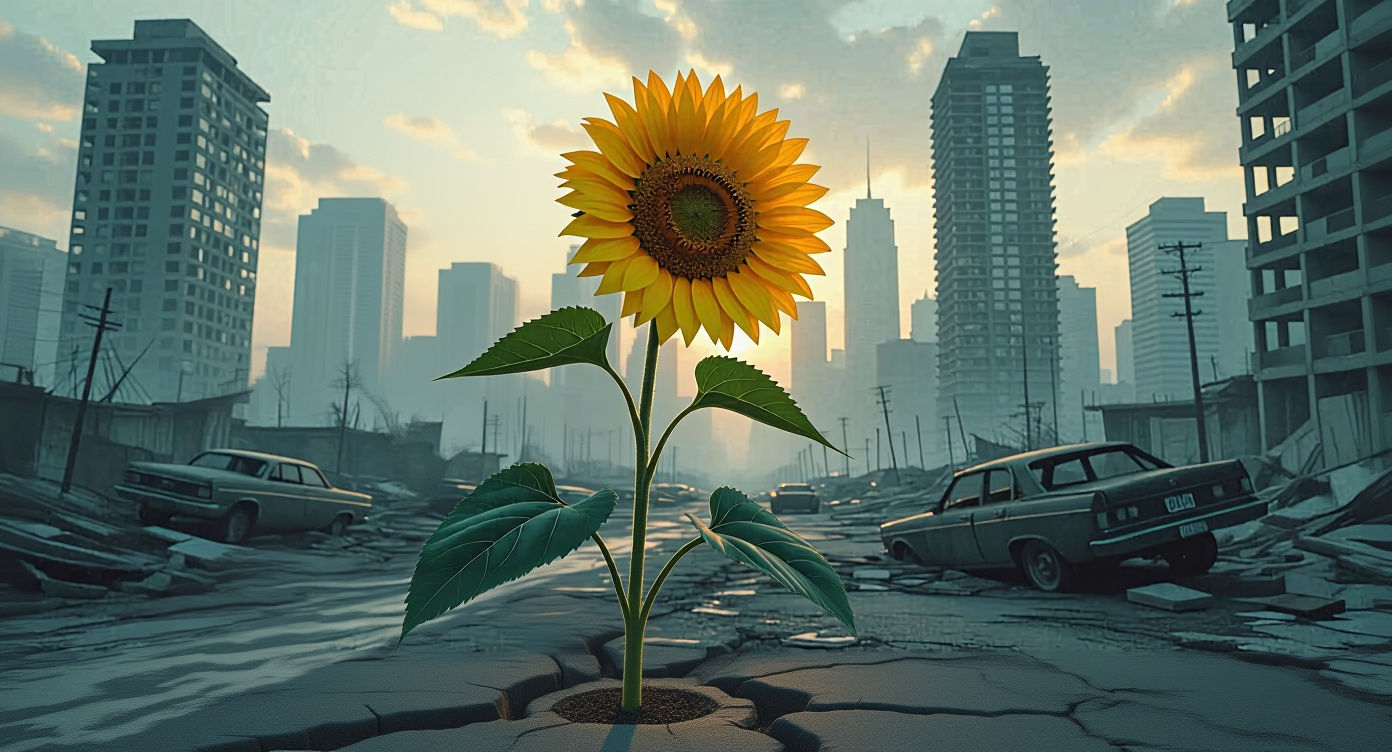 Resilient Sunflower in Post-Apocalyptic Cityscape