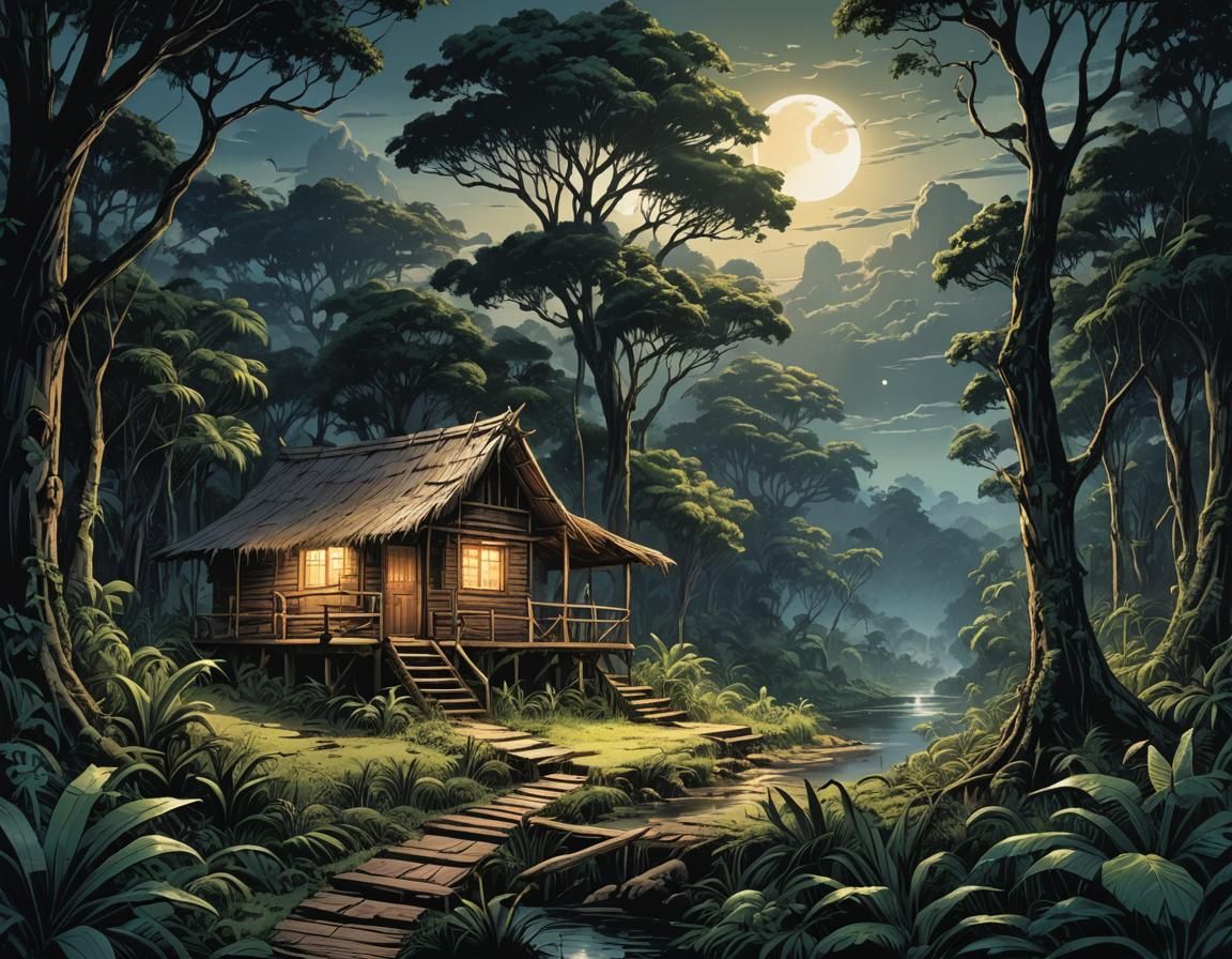 Jungle Hut at Night in Comic Book Art Style