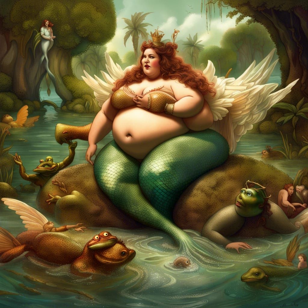 Angel and Mermaid Wrestle in Estuary: Fantasy Art