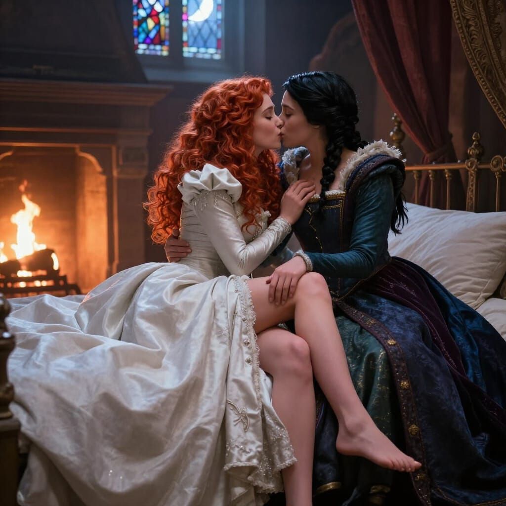 Merida and Queen Elinor Embrace in Realistic Wedding Gowns