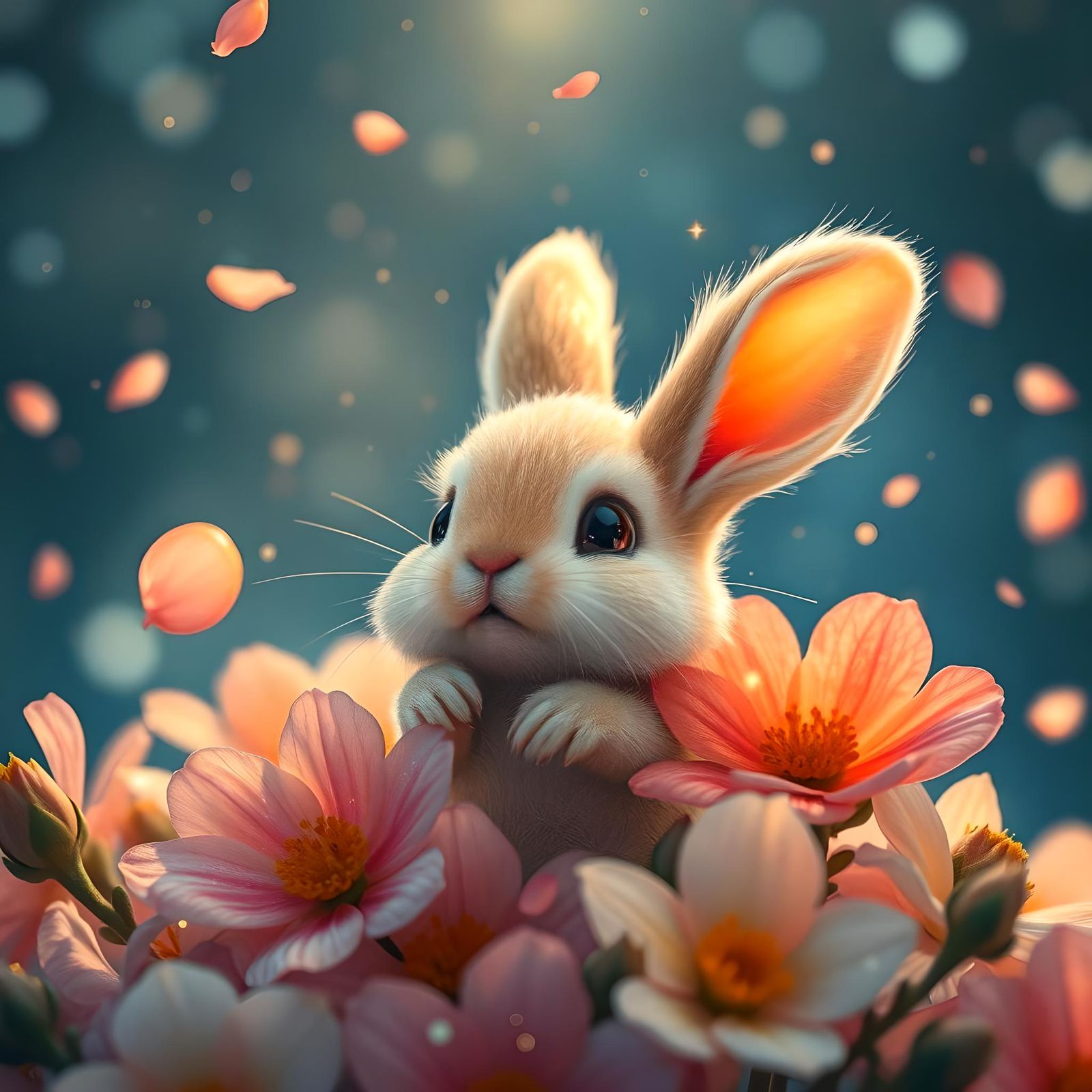 Chibi Bunny in Sparkling Floral Dreamscape