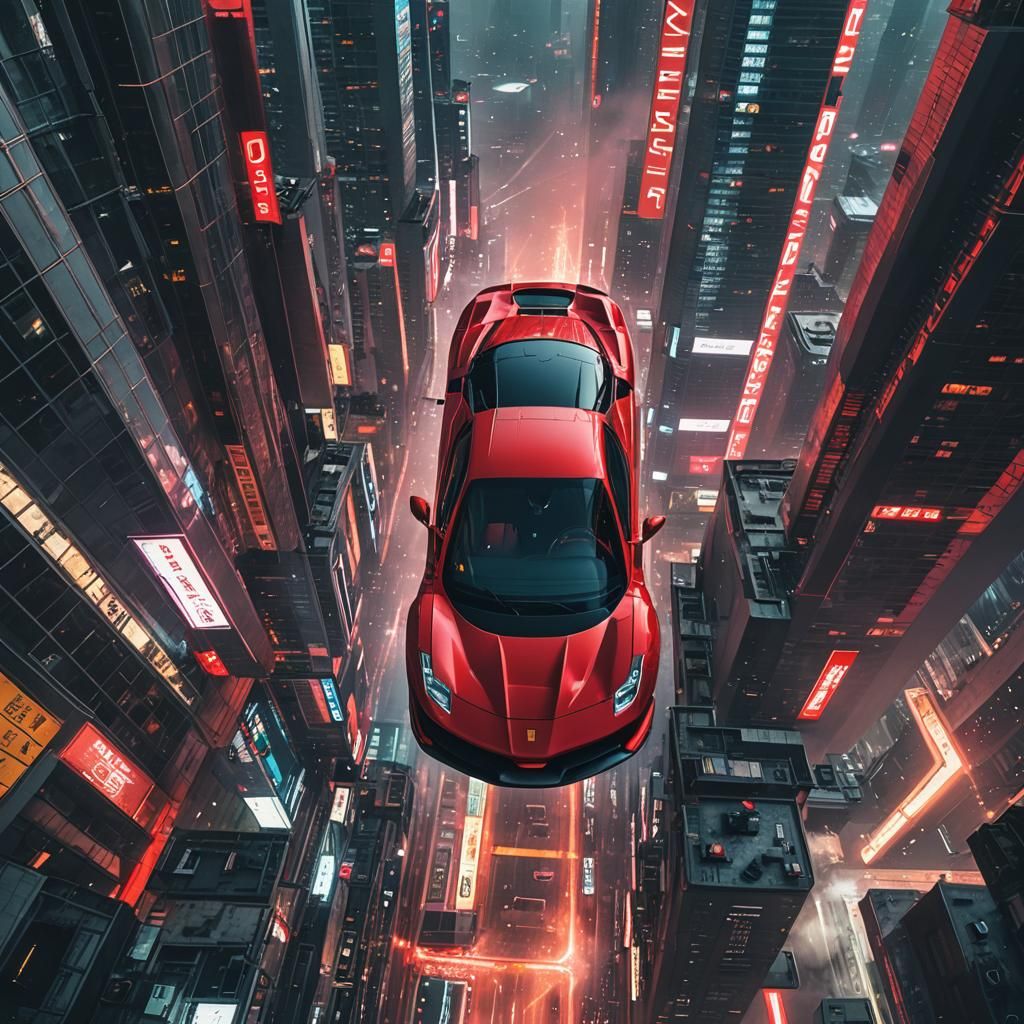Red Ferrari Falling in Cyberpunk Cityscape