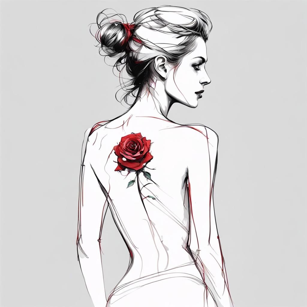 Woman with Rose Tattoo in One-Line Art