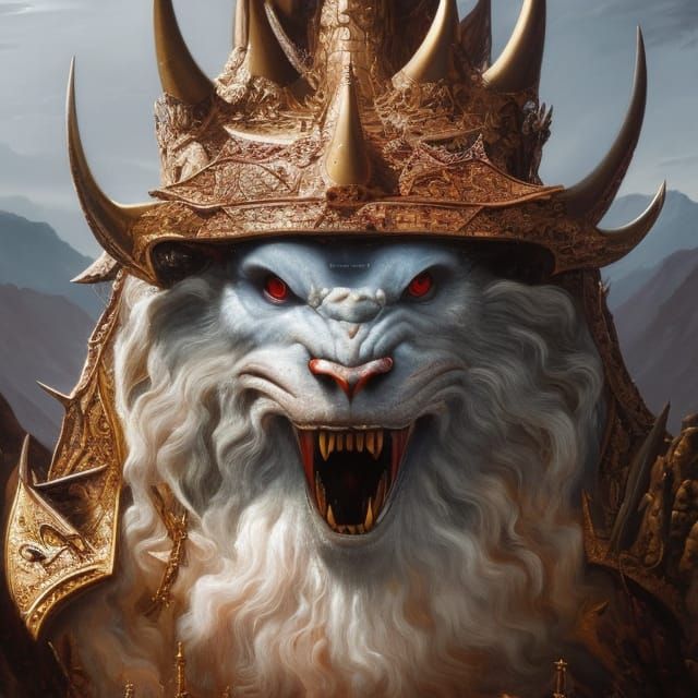 Oni in Mystical Mountain: Surreal Hyperrealistic Painting