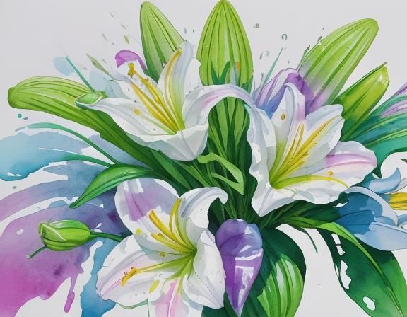 Rainbow Lilies in Hyperrealistic Watercolor Painting