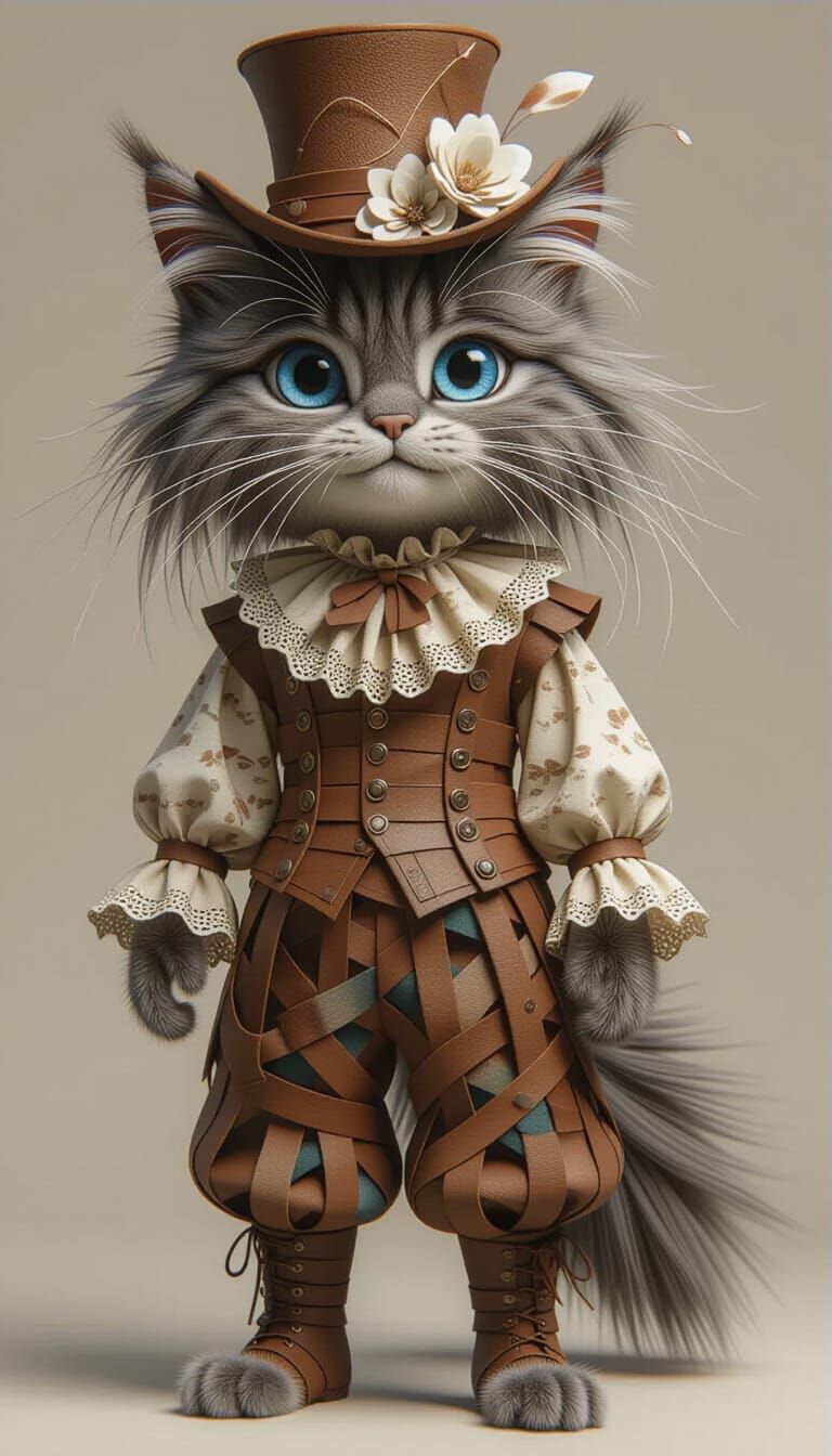 Anthropomorphic Cat in Intricate Paper Clothing