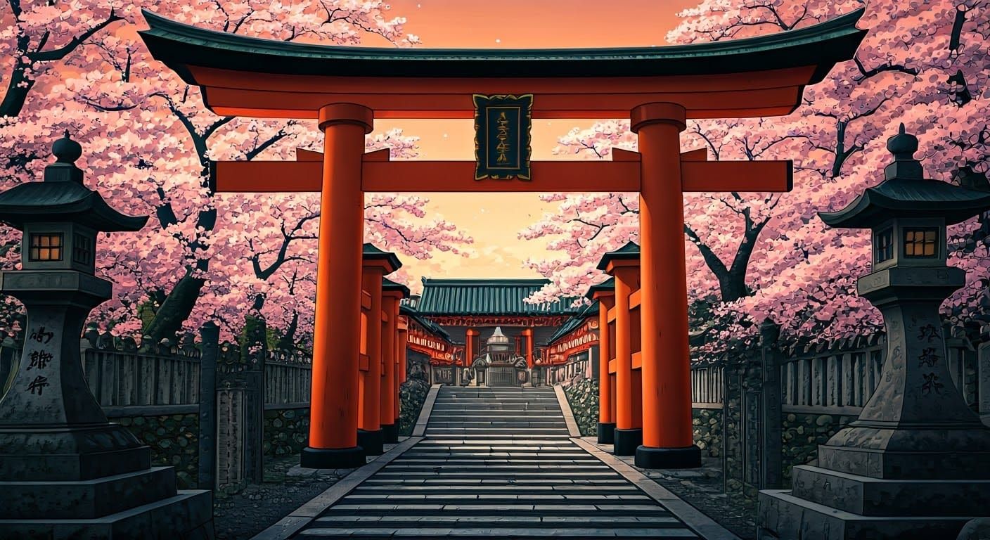 Serene Shinto Shrine Through Torii Gate in Ukiyo-e Style