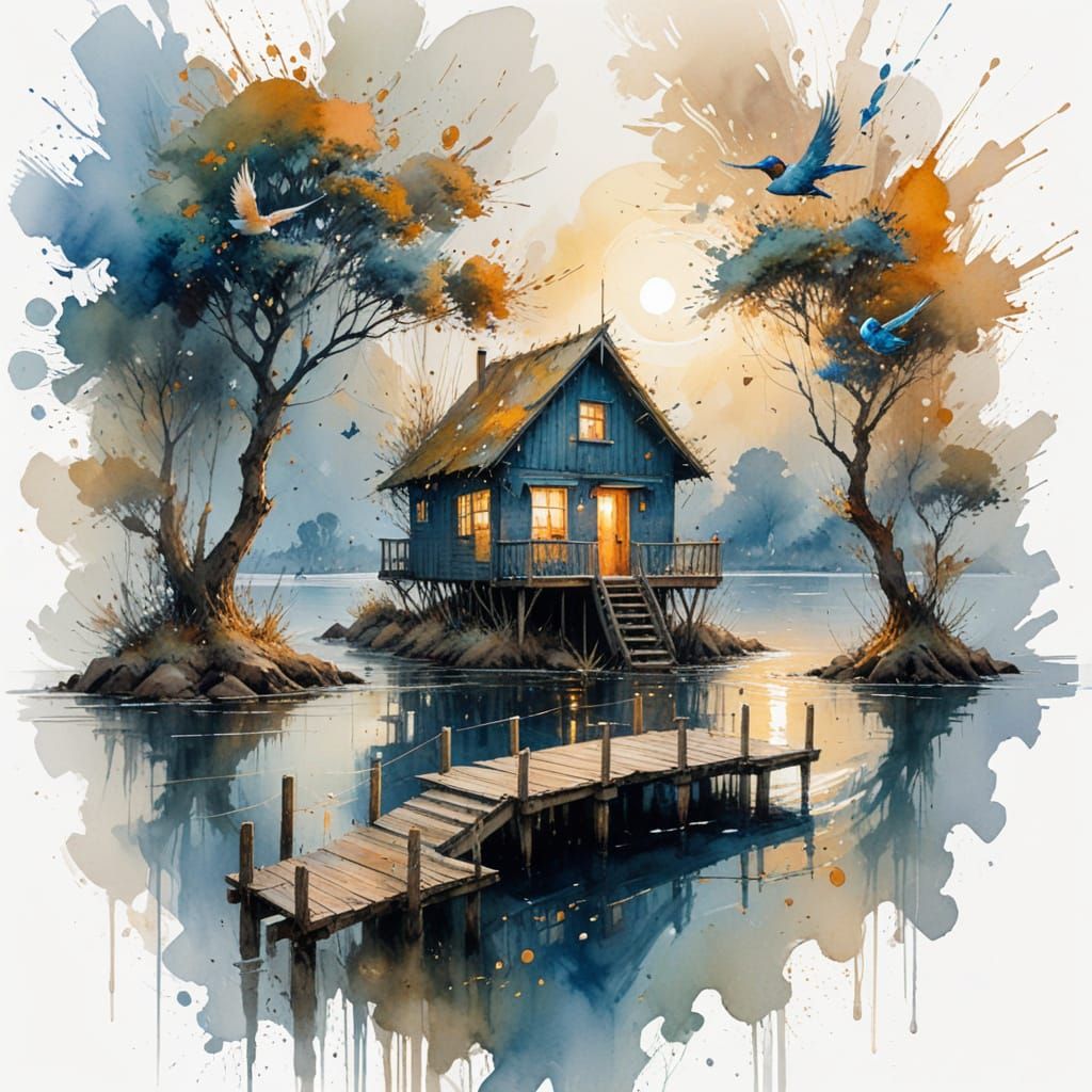 Wooden House Glows Warmly on Tranquil Lake at Sunset