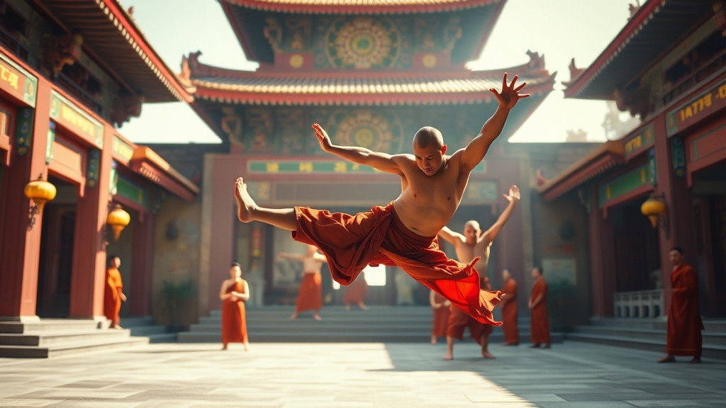 Surreal Photorealistic Shaolin Monks Training in a Temple Co...