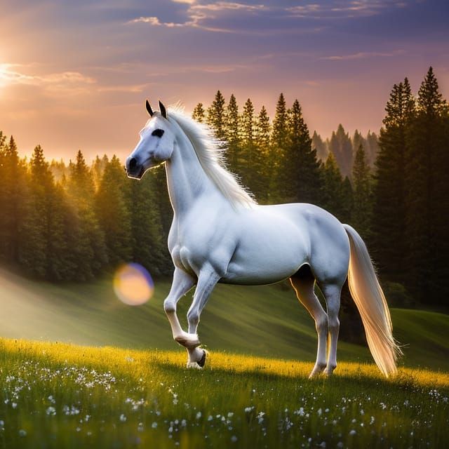 Ethereal Goddess Rides a White Steed Through a Sunny Meadow
