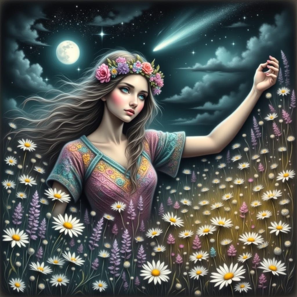 Hippie Woman with Crochet Blanket under Starry Sky