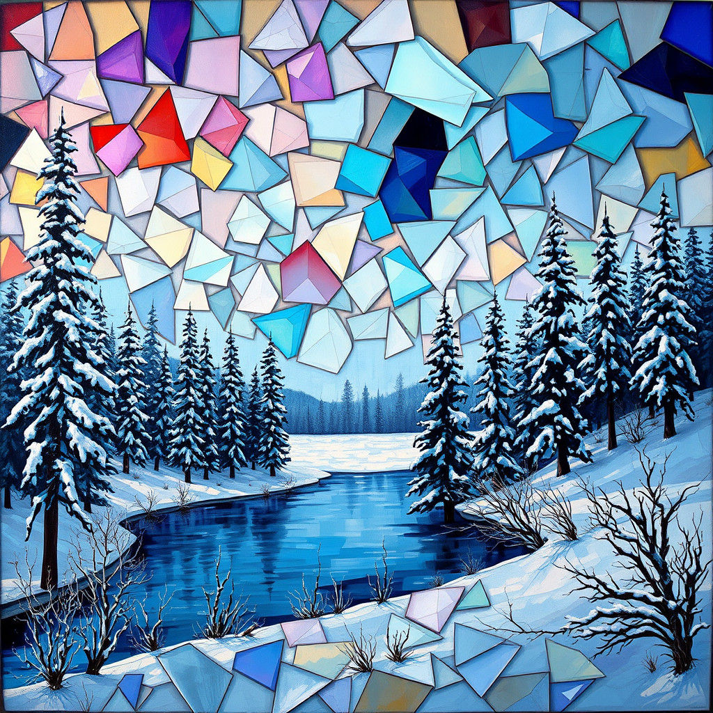 Iridescent Winter Landscape in Stained Glass Style