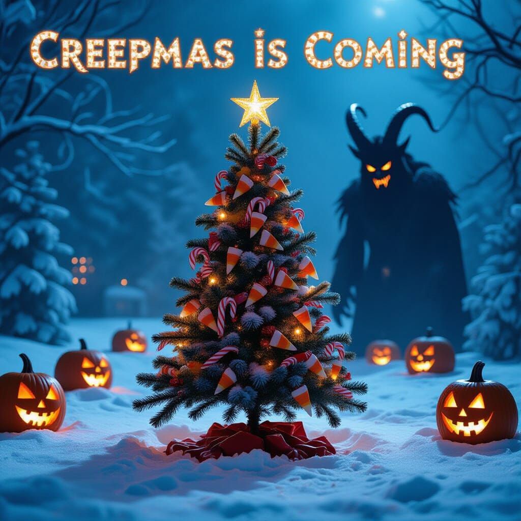 Creepmas: Krampus Silhouette Over Candy Cane Christmas Tree