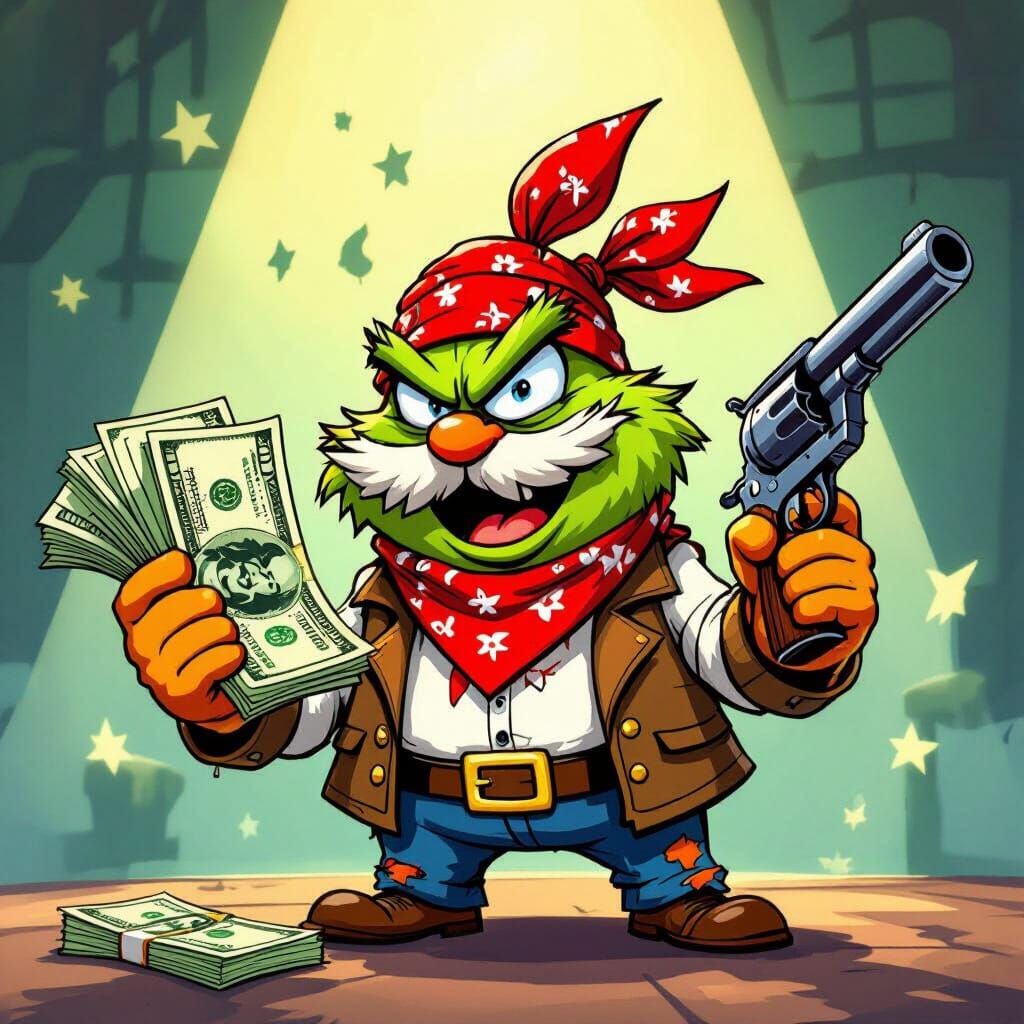 Mr. Krabs with Money and Gun in Cartoon Style