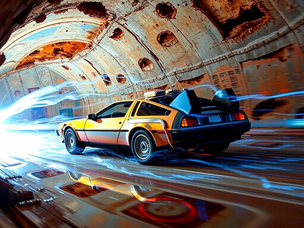 DeLorean Time Machine Speeding Through Light Vortexes