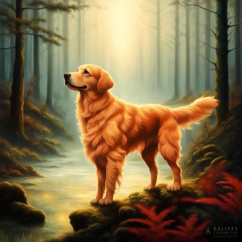 Majestic Golden Retriever in Ethereal Forest