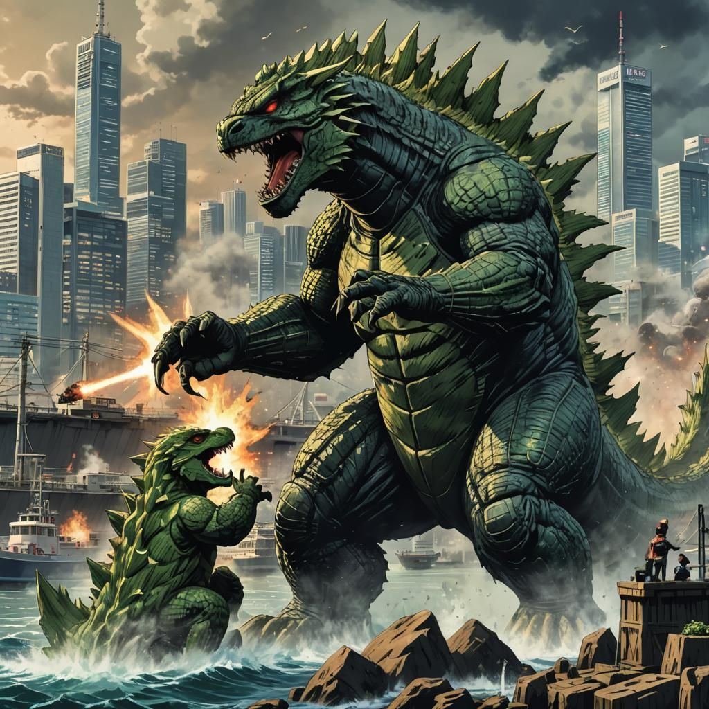 Godzilla vs Tyranitar: Tokyo Harbor Battle in Anime Style