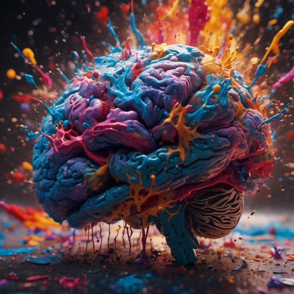 Hyperrealistic Brain Exploding into Multicolor Paint