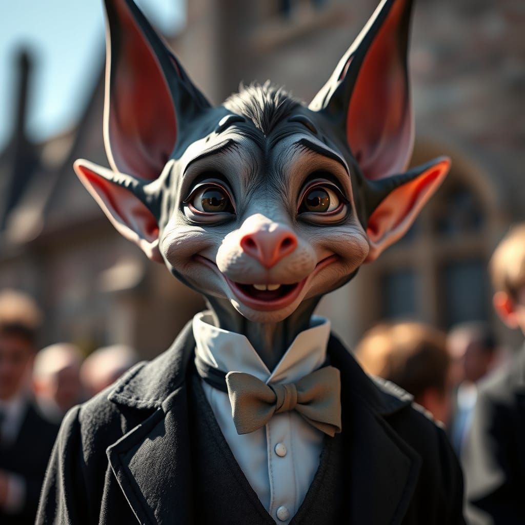 Hyperrealistic Portrait of Dobby in Tuxedo, Hogwarts, Cinema...