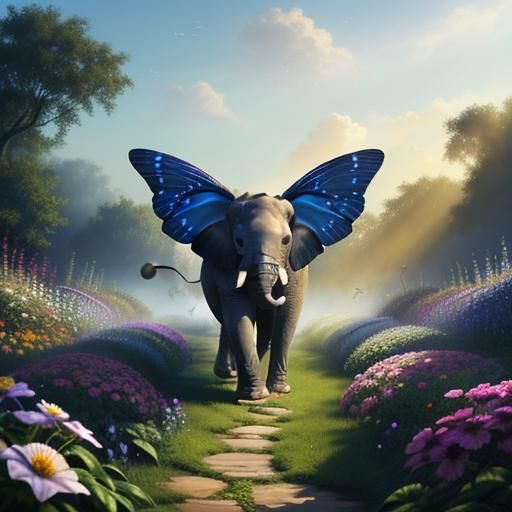 Winged Elephant in Misty Flower Garden: Fantasy Art