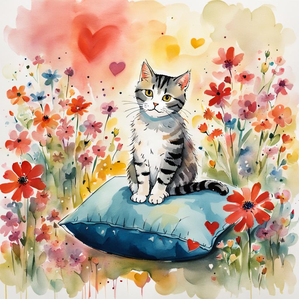 Cute Cat with Flowers in Whimsical Style