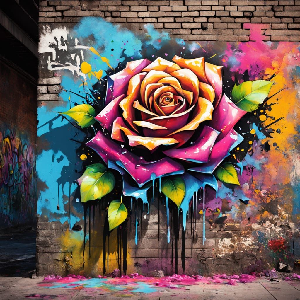 Defiant Rose on Crumbling Wall Graffiti Art