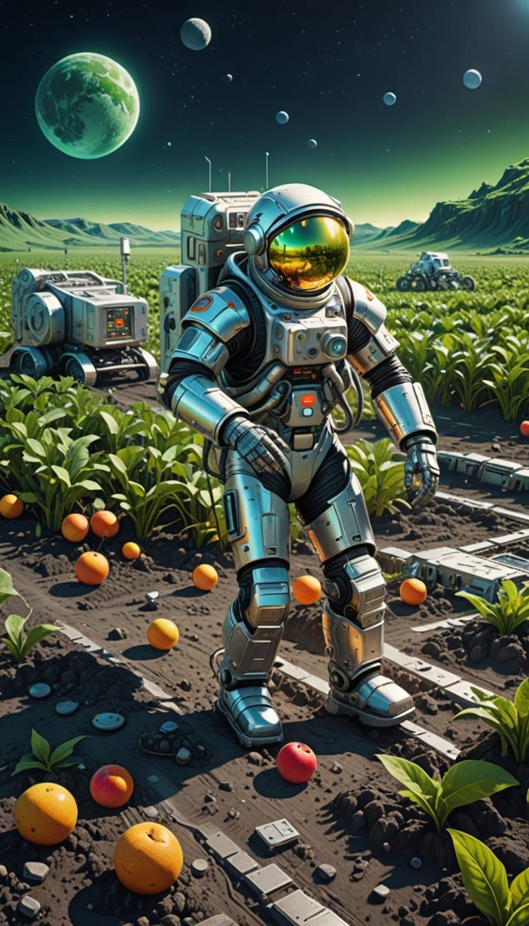 Astronaut and Robotic Sowing Machine on the Moon