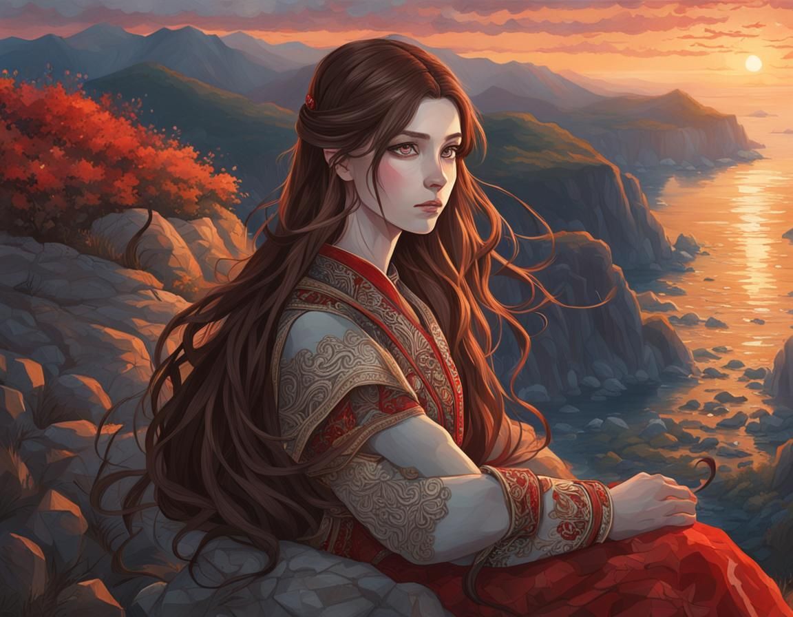 Contemplative Woman on Cliff at Sunset, Genshin Impact Style