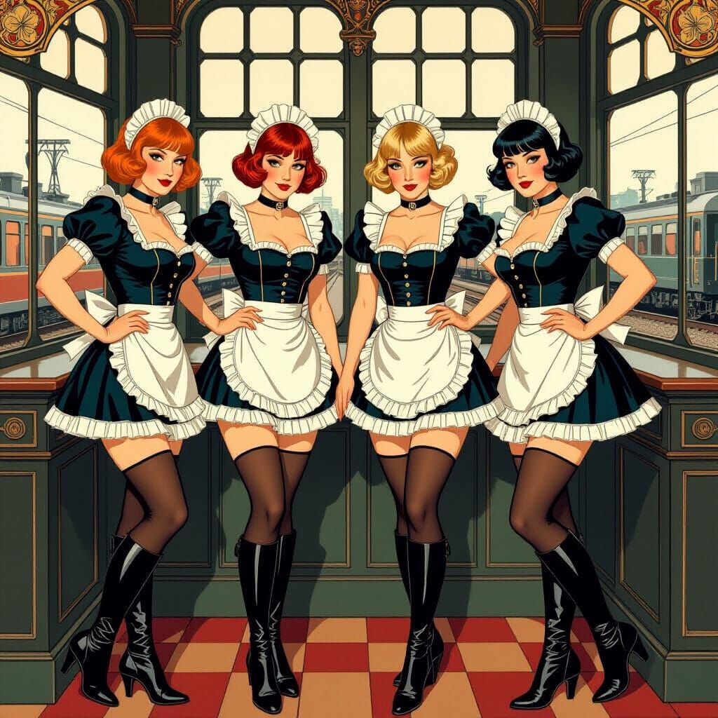 French Maids in Signal Box: Art Nouveau Image
