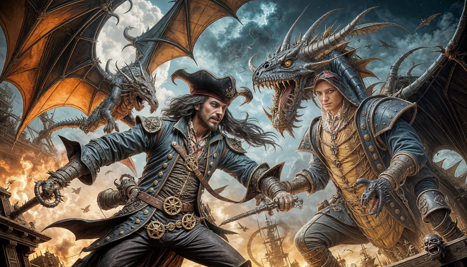 Winged Dragon Meets Pirate Jester in Epic Fantasy Battle