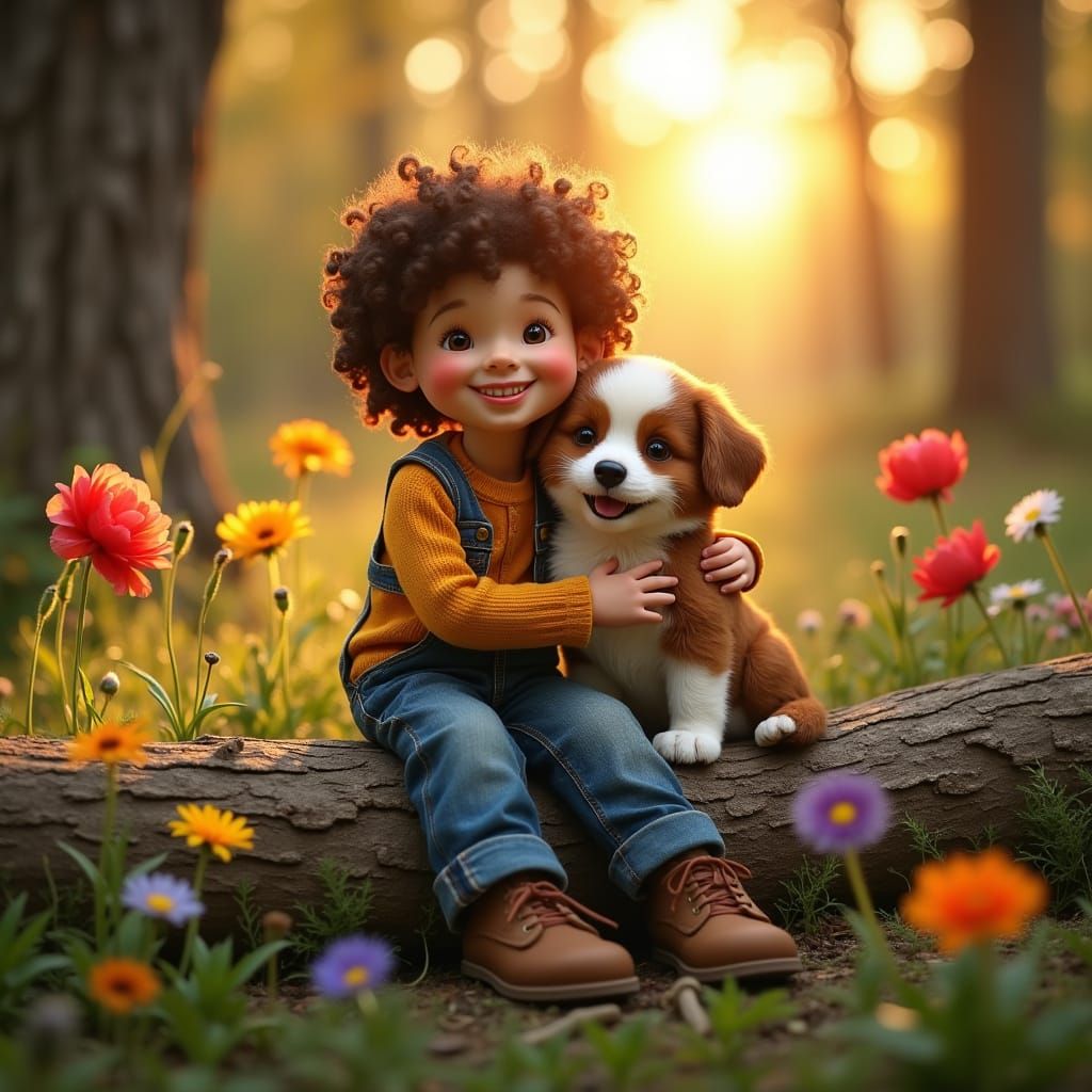 Hippie Doll with Puppy in Sunrise Flower Meadow