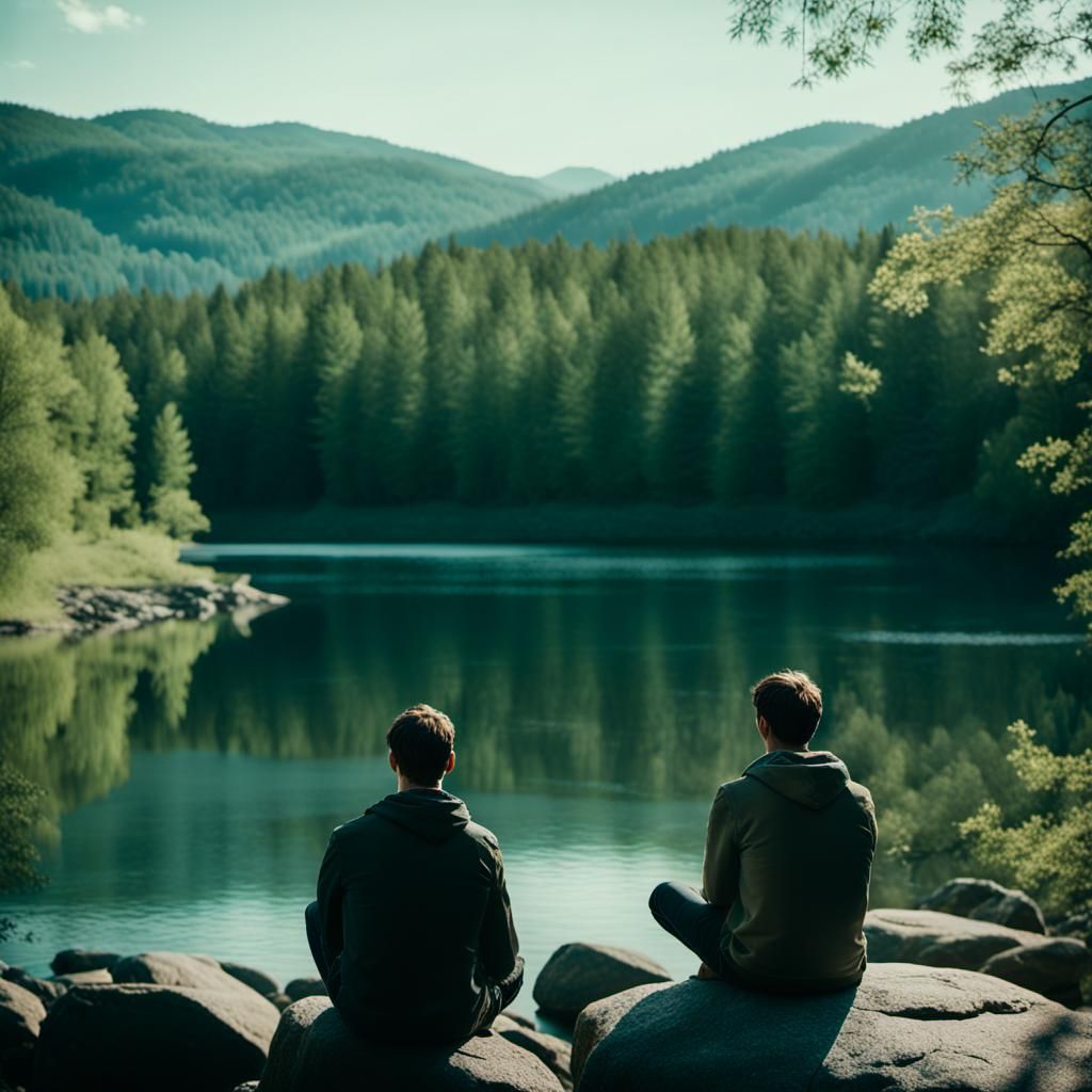 Man Contemplates Serene Lake: Cinematic Film Still