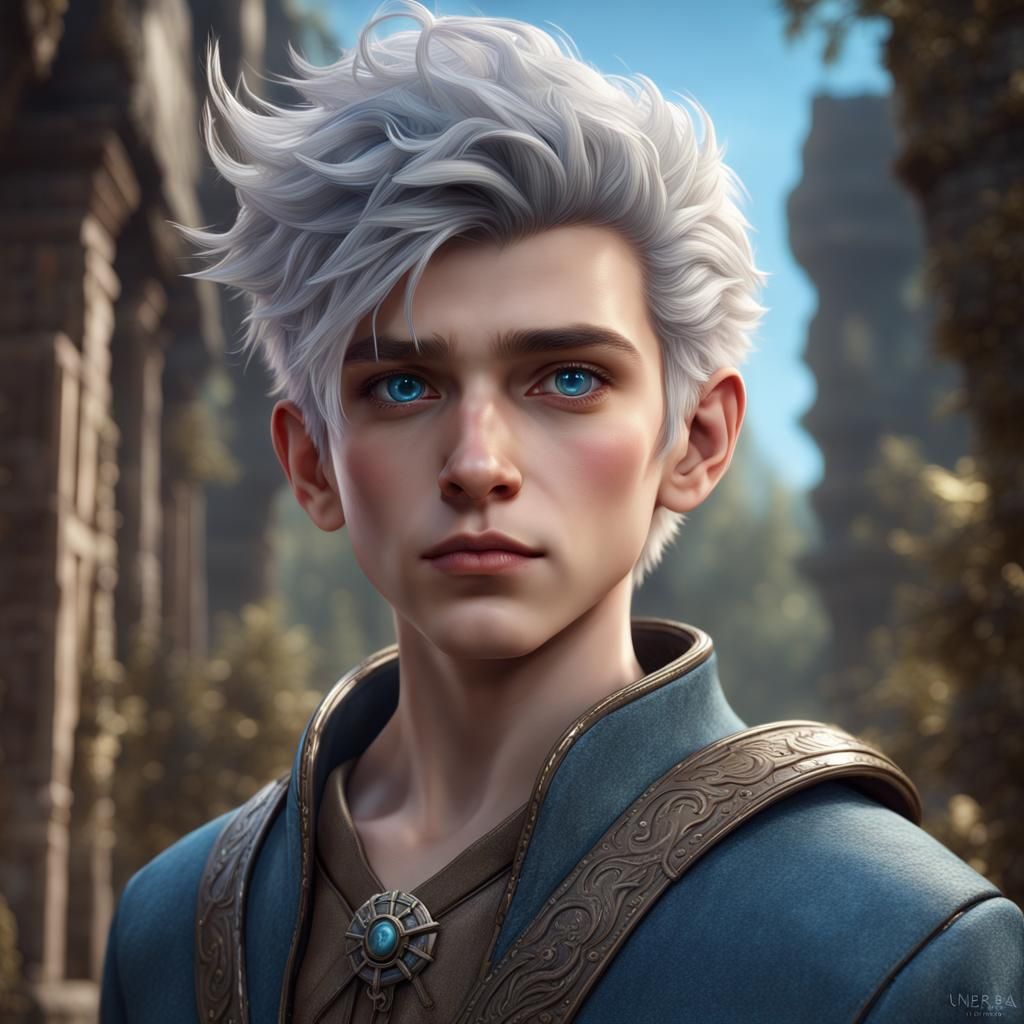 Handsome Boy with Grey Hair in Detailed Painting