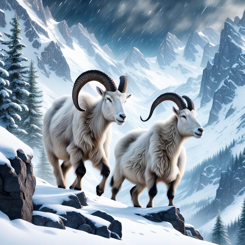 Mountain Goats in Snowy Mountains: Digital Matte Painting