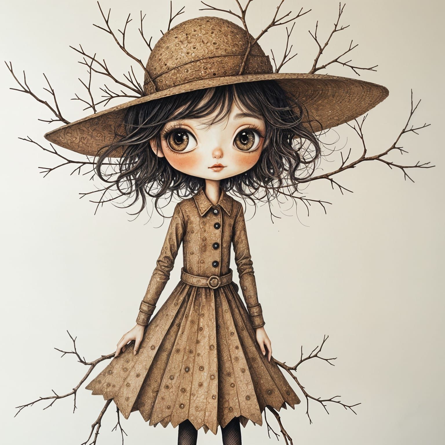 Girl in Twigs Artwork, Pointillist Style