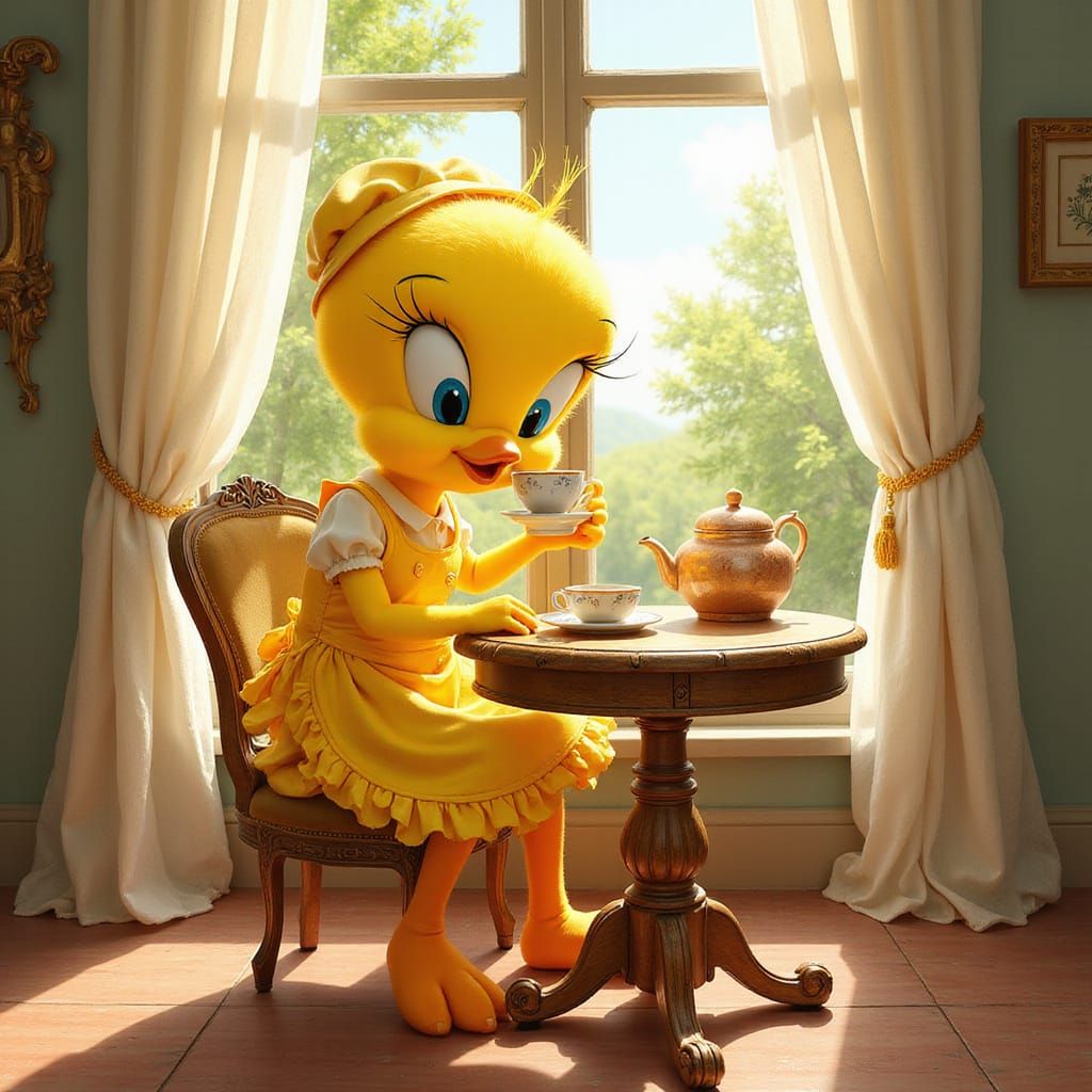 Tweety Bird in Whimsical Morning Coffee Scene