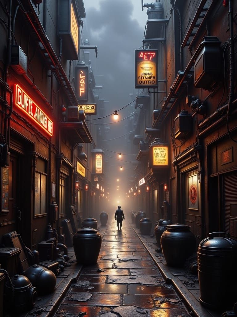 Gritty Futuristic Alleyway with Alien Patrons