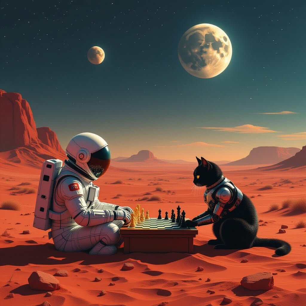 Astronaut Plays Chess With Robot Cat on Mars