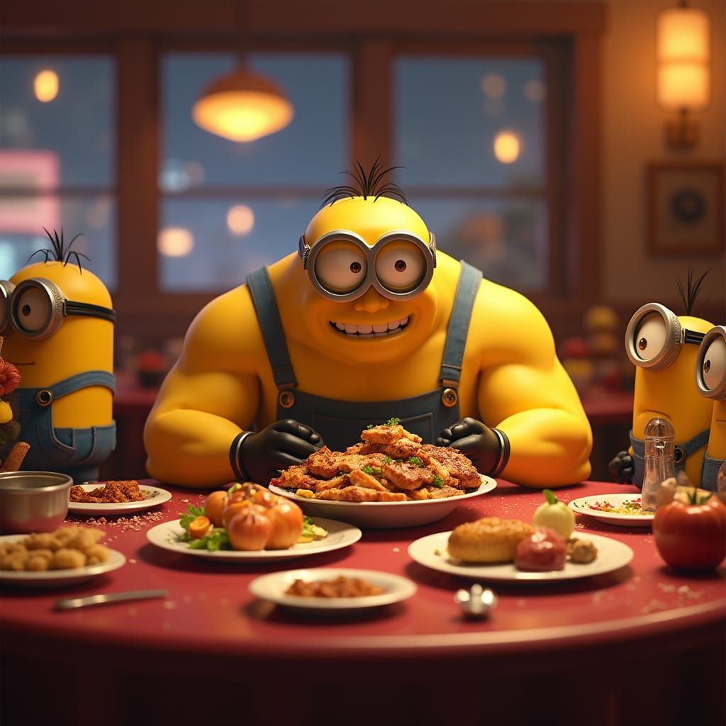 Muscular Minion Dines with Small Minions and Dog Bowl
