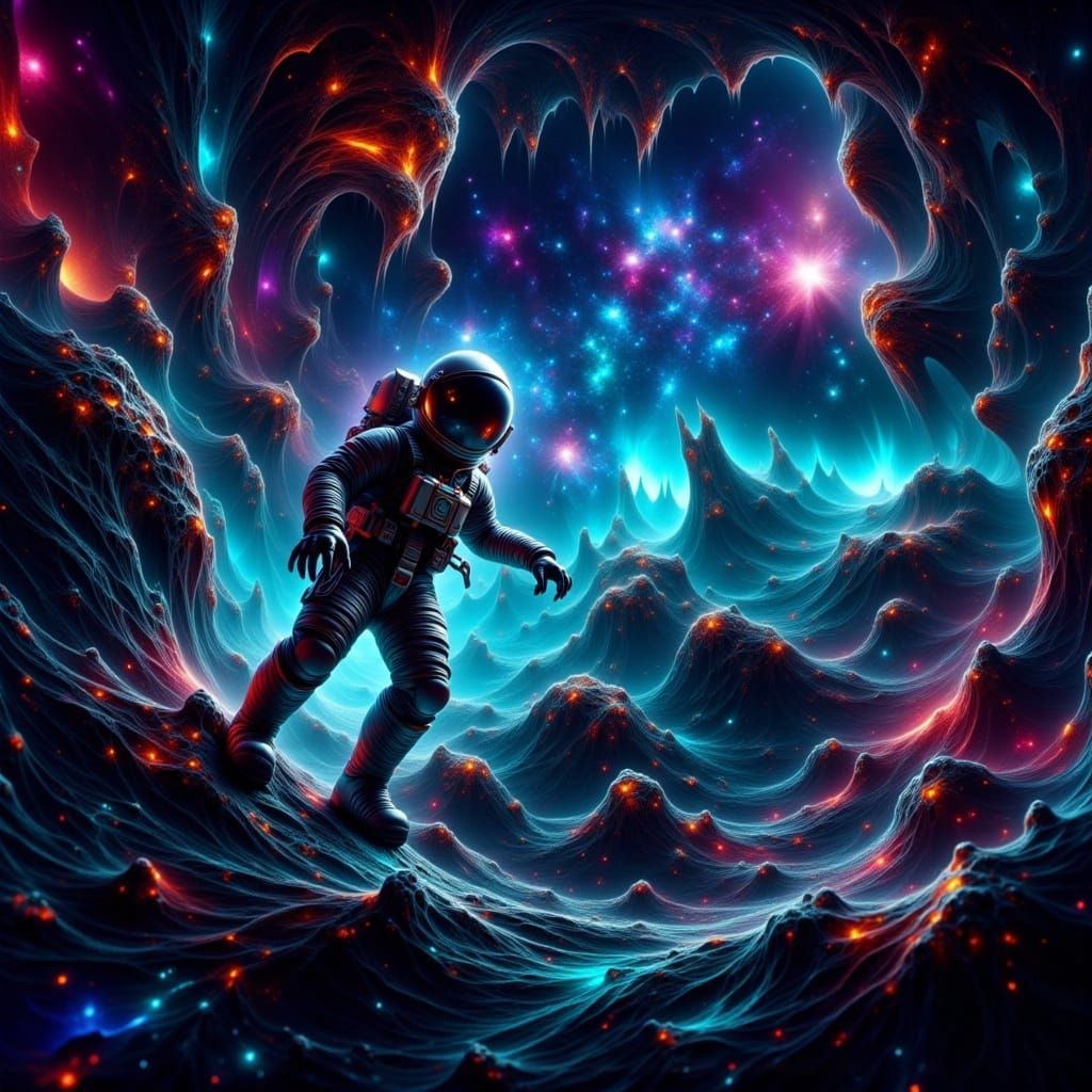 Bioluminescent Geisha Astronaut Repairs Space Station