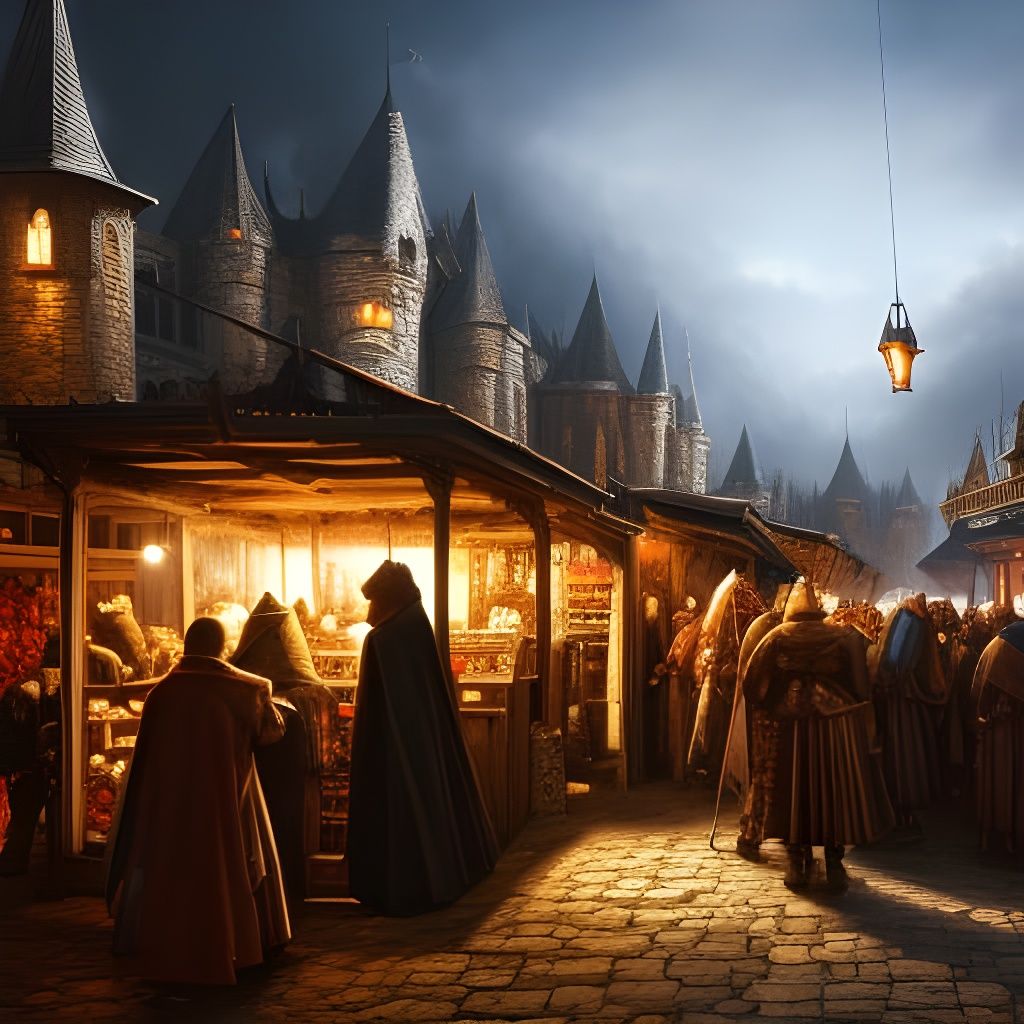 Epic Medieval Market Scene with Dramatic Lighting