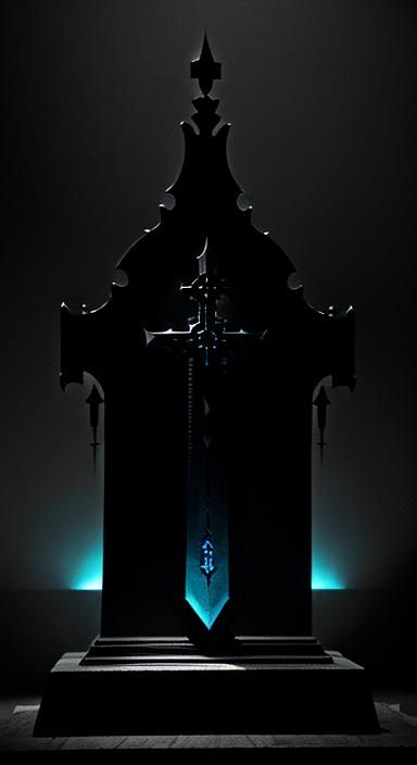 Black Sword on Glowing Altar in Surreal Style